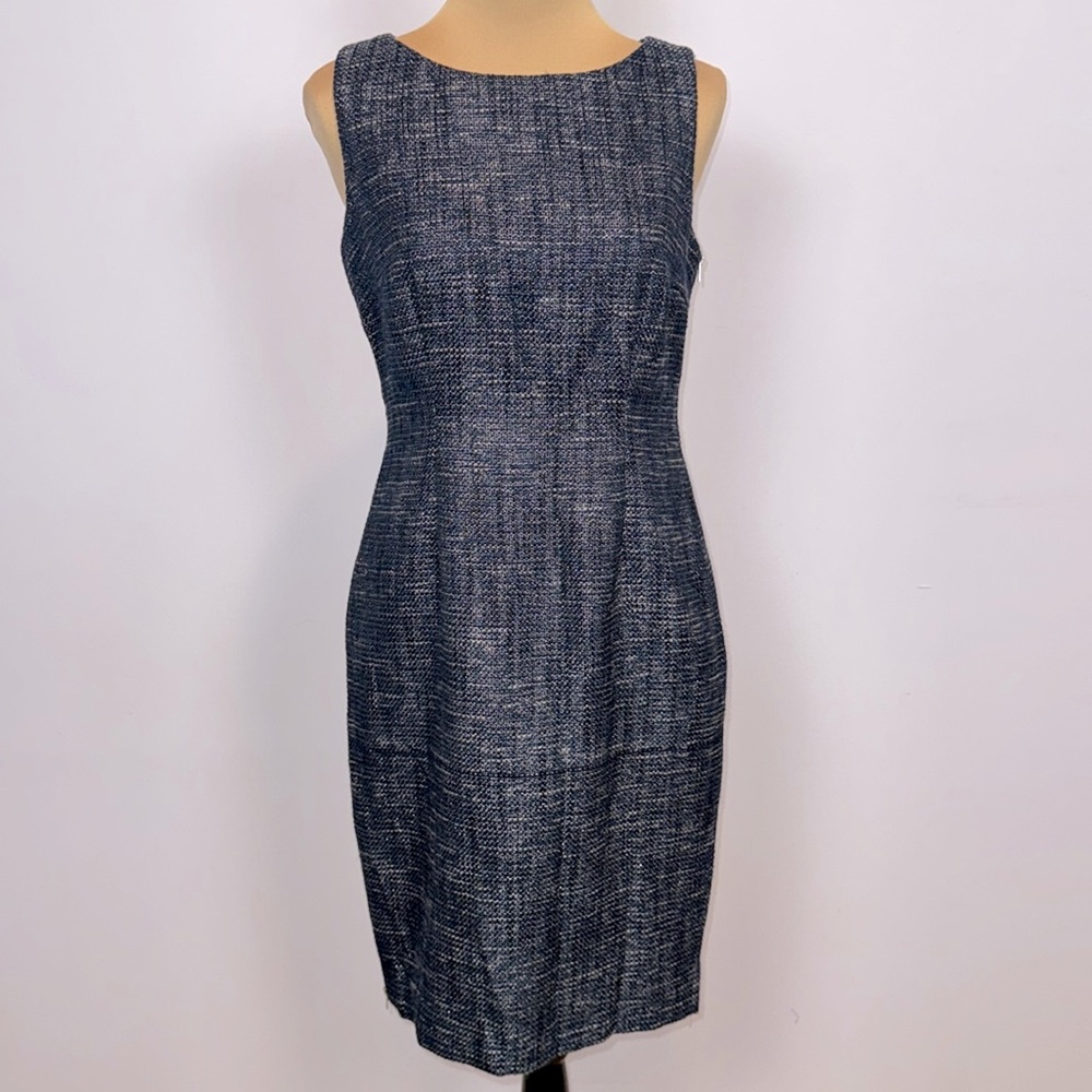 Calvin Kline Sleeveless Zipper Sheath Navy Blue Gray & Silver Boucle Dress Sz 4